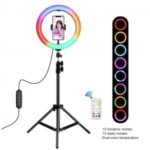 Aro Led 33 Cm + Tripode 2 Metros + Control Rgb Multicolor 26 modos de luz